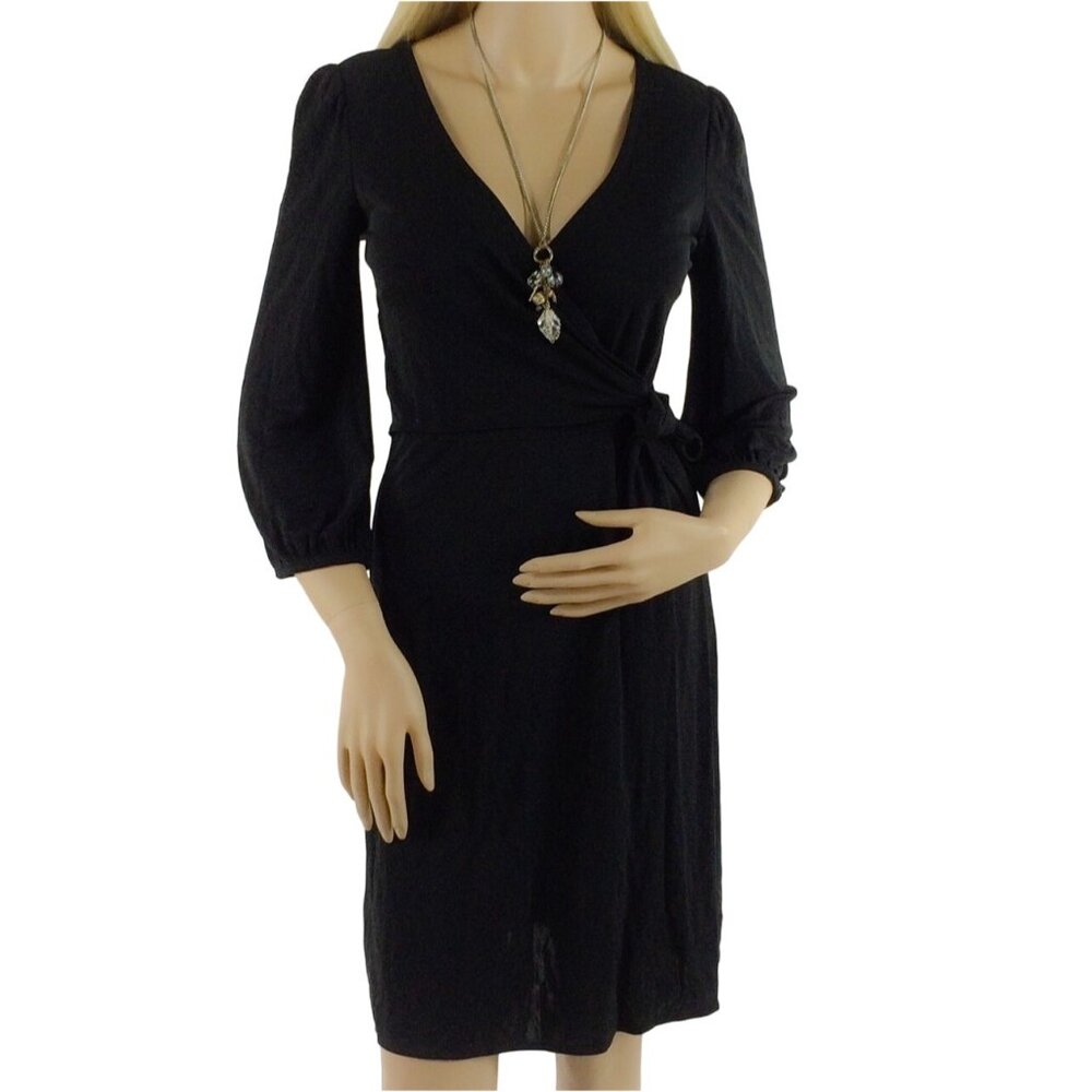 Vintage 90s Ann Taylor Black 3/4 Sleeve V-Neck Wrap Office Siren Corpcore Dress - Picture 9 of 10